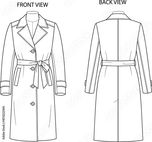 Trench coat fashion sketch, technical garment drawing, front and back view, belted outerwear design, vector apparel template, flat vector illustration