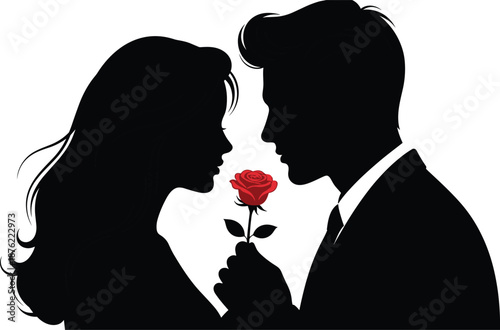 Romantic couple silhouette face to face with red rose, love passion moment, relationship intimacy concept, elegant black and white illustration