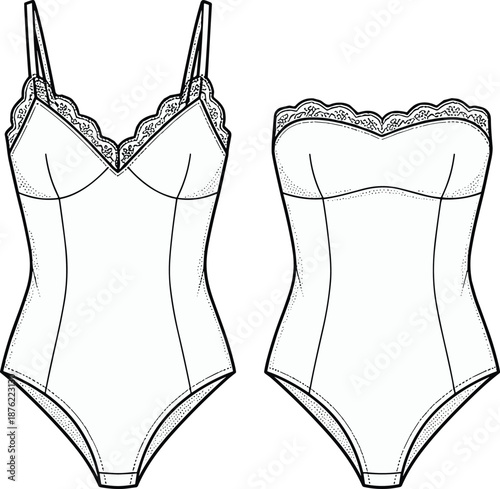 Bodysuit fashion sketch, lace trim detail, strapless and strapped design, garment template, lingerie mockup, flat vector illustration