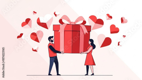 Couple sharing a large red gift box with hearts symbolizing love and valentine's day