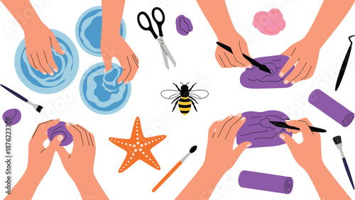 Clay sculpting activity illustration, hands and tools in creative process, cartoon-style vector, educational and artistic theme