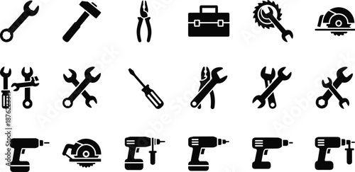 Construction and repair tool icons, black silhouette set, DIY equipment vector collection, maintenance hardware symbols, flat vector illustration