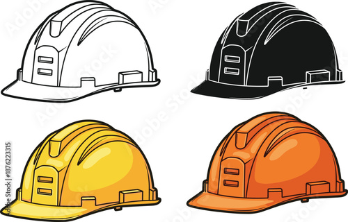 Construction hard hat vector, safety helmet illustration, industrial gear design, protective headwear set, color variation graphic, flat vector illustration