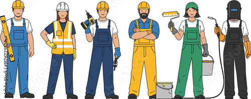PrintConstruction worker vector, technician illustration, painter character, welder graphic, safety gear design, labor professions set, flat vector illustration