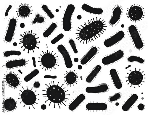 Collection of varied black microbe silhouettes on a white background depicting various shapes and sizes of pathogens