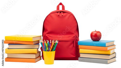 Red School Backpack with Books and Stationery for Education Concept, Student Learning, Academic Growth and Back to School Marketing Design