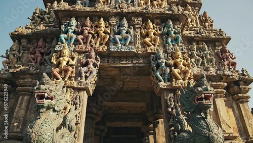 Ancient Hindu Temple Entrance with Intricate Sculptures.
