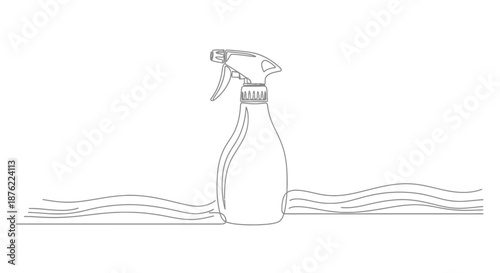 Simple hand drawn line art illustration of a spray bottle with wavy lines suggesting water or cleaning solution on a white background
