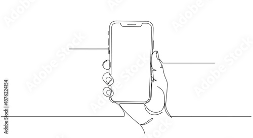 Minimalist single line drawing of a hand holding a smartphone showing a blank screen for copy space