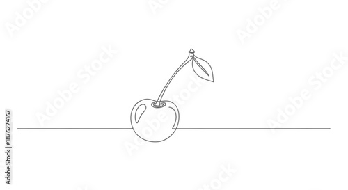 Simple minimalist line drawing of a single cherry with a stem and leaf isolated on a white background with a horizontal line