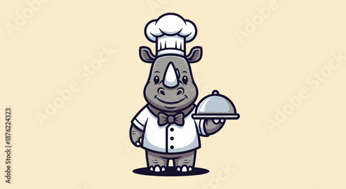 Illustration of a rhino wearing a chef's hat and uniform holding a covered dish on a solid beige background.