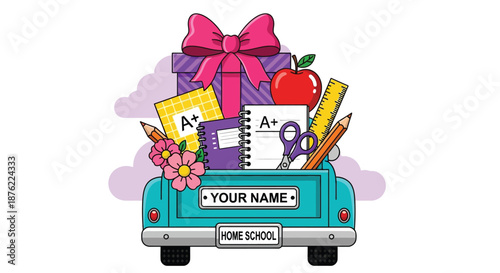 Digital illustration of a teal truck filled with school supplies and gifts against a soft purple background.