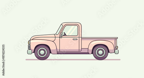 Vector illustration of a pink vintage pickup truck on a plain background with a minimalist design and pastel color scheme.