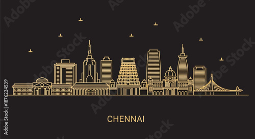Gold-colored illustration of Chennai city skyline at night with various buildings and a bridge against a black background with stars.