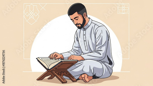 Muslim man reading Quran on a wooden stand illustration of Islamic faith and devotion concept for Ramadan and prayer