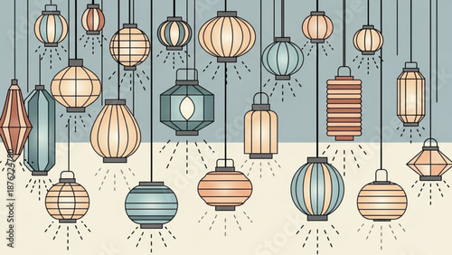 Collection of diverse hanging lanterns decorative lighting elements in a flat design style perfect for interior design and event decoration