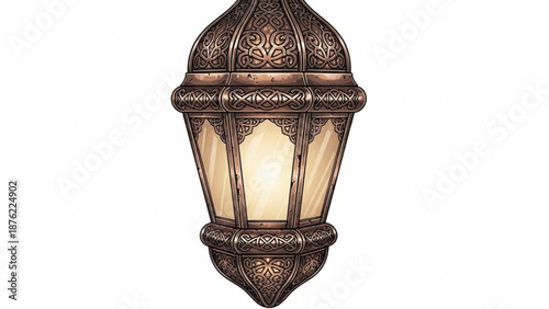 Ornate Moroccan lantern with intricate metalwork illuminated by warm light perfect for Ramadan decor or exotic interior design