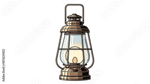 Antique kerosene lantern vintage brass oil lamp with glowing flame isolated on white background for retro design