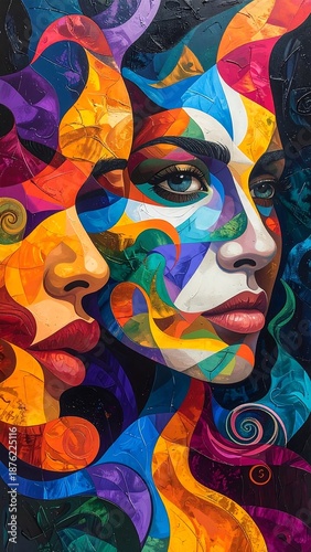 Colorful abstract portrait of two women with intricate swirls and vibrant, geometric patterns