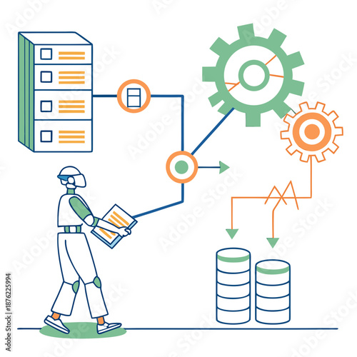 A robot is depicted in a vector graphic, interacting with various industrial and technological elements, including gears, servers, and databases.