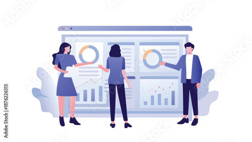 Business team analyzing data on large screen with graphs and charts