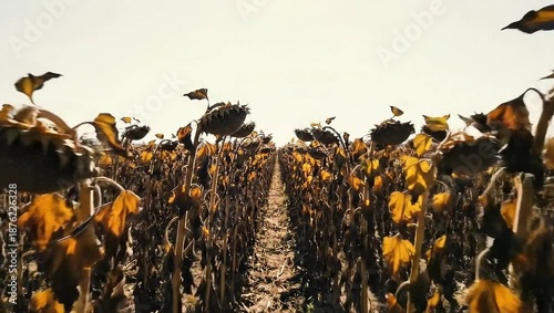 A field of dried sunflowers under a clear sky, symbolizing the end of a season and the cycle of nature.