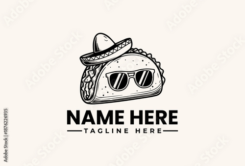 A stylized illustration of a taco wearing sunglasses and a sombrero, with placeholder text for a name and tagline on a clean white background.