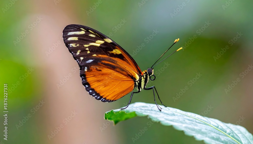 Obraz premium A butterfly perched on a leaf with blurred greenery