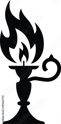 Flaming torch silhouette icon isolated on white, fire light symbol, vintage lamp design, black vector illustration element.