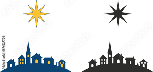 Christmas nativity star over village silhouette, holiday night town skyline vector illustration, winter celebration icon, religion design element