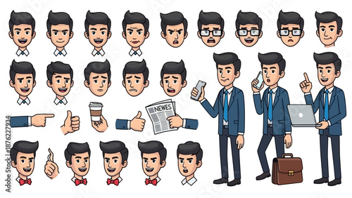 Collection of cartoon businessman characters with various facial expressions, gestures, and actions, including holding a phone, laptop, and briefcase.