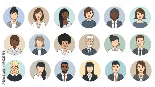 A diverse collection of professional avatar icons representing men and women of various ethnicities and ages.