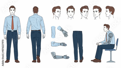 A comprehensive illustration showcasing a man with a robotic arm, including front and back views, headshots, and separate components of his attire and prosthetic limb.