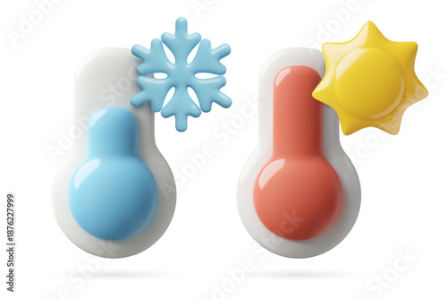 3d thermometer icons with high and low temperature, sun and snowflake. Hot and cold weather cute minimal plastic realistic vector illustrations.