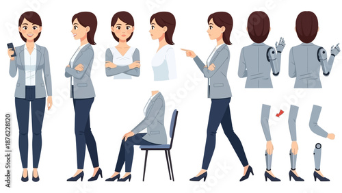 Collection of illustrations showing a businesswoman in various poses and with robotic arm attachments, highlighting versatility and technology integration.