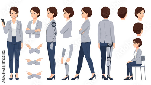 Full body character design sheet of a woman in business attire with robotic exoskeleton enhancements, showing multiple poses and views.