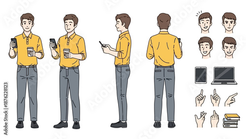 Full body illustration of a young man in casual attire, holding a smartphone and a coffee cup, shown from multiple angles with various facial expressions and related objects.