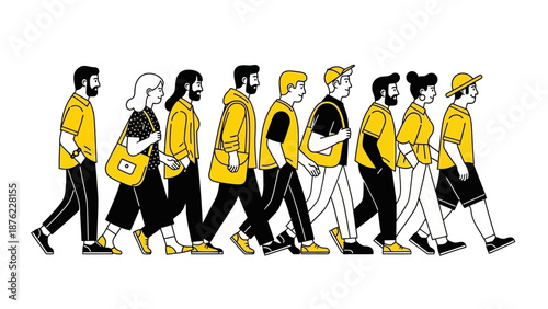A diverse group of people in yellow and black clothing walking in a line, depicted in a stylized, graphic illustration.