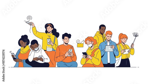 A diverse group of young people are engrossed in their smartphones and tablets, some interacting with technology and others looking at screens.