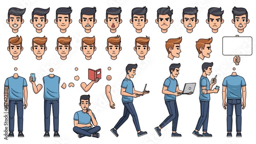 A comprehensive collection of cartoon character assets for animation and design, featuring various facial expressions, body parts, and poses.