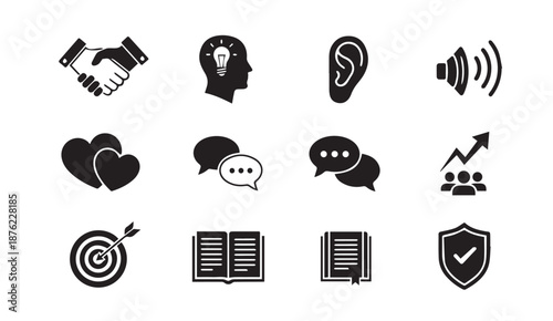 Collection of business and communication icons including handshake, lightbulb, chat bubbles, and more