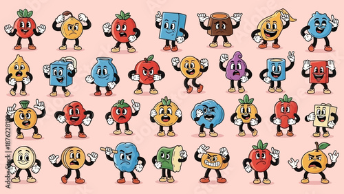A collection of cartoon anthropomorphic fruits and vegetables with expressive faces and poses, set against a pink background.