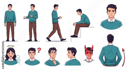 Collection of illustrations depicting a man in various poses and expressions, alongside angelic and devilish figures.