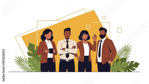 Diverse group of professionals standing together in a modern office setting with tropical plants.