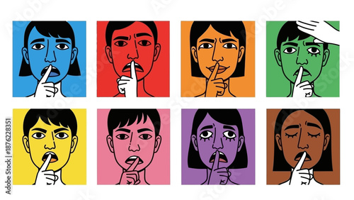 Eight diverse individuals depicted in colorful square panels, each making a shushing gesture with their finger to their lips.