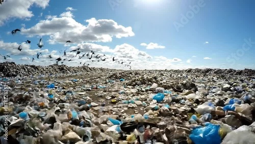 A vast landfill site under a bright sky, showcasing the scale of waste accumulation and environmental impact.