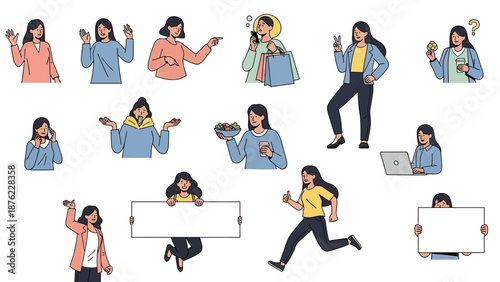 A collection of diverse illustrations depicting a young woman in various everyday situations and expressing different emotions.