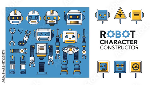 A collection of robot parts and character constructor elements for creating unique robotic designs, presented on a blue background.
