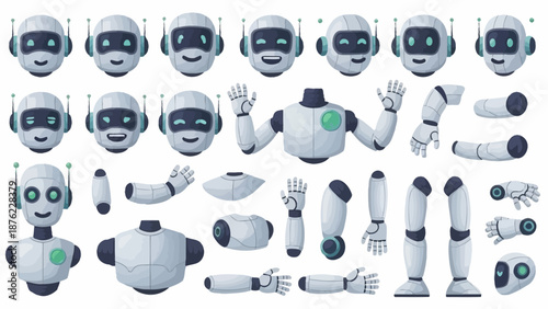 A comprehensive collection of robot parts and expressions, ideal for design and illustration projects.