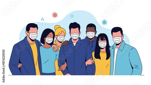 Diverse group of multiethnic young people standing together while wearing protective face masks in a public setting.